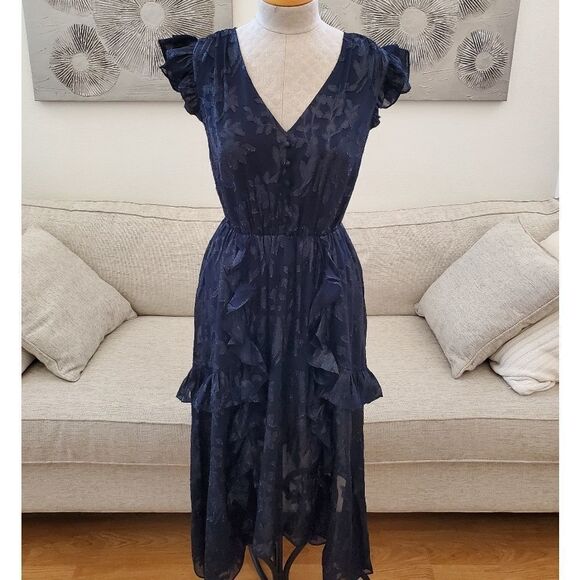 INC Ruffled Button-Front Midi Dress in Navy. - Picture 5 of 14
